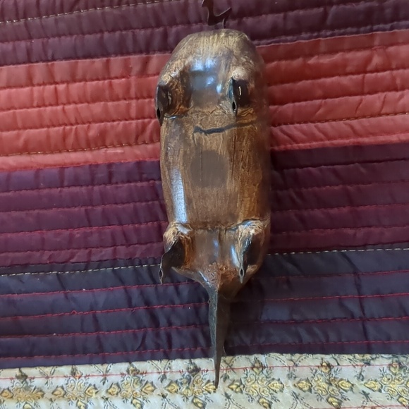 Folk art metal and wood carved pig figurine, 8" x 3.5" ish. - Picture 7 of 10